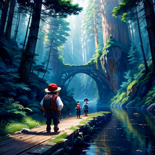 a painting of a man and a woman walking in the woods by a river with a bridge in the background