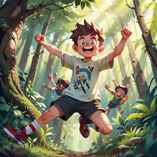 a boy jumping in the air in a forest with other children in the background and a forest scene with trees and plants