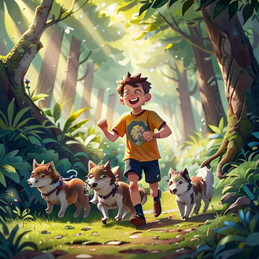 a boy running with his dogs through a forest with sunlight streaming through the trees and leaves on the ground