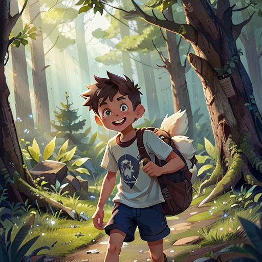 a boy with a backpack walking through a forest with a forest background and a forest path with trees and leaves