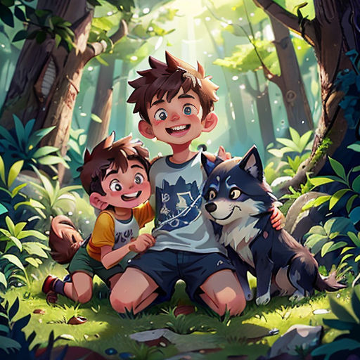 a boy and a boy sitting in the woods with a dog and a wolf on his lap, with a forest background