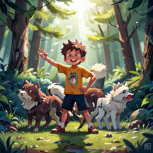 a boy standing in the middle of a forest with four dogs around him and a forest background with trees and leaves