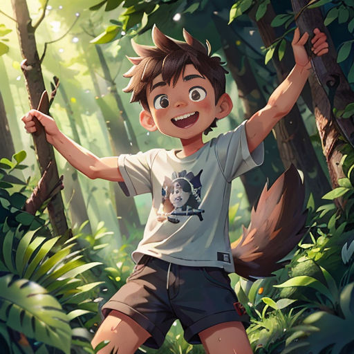 a boy in a forest with a wolf on his shirt and shorts, holding a stick and smiling at the camera