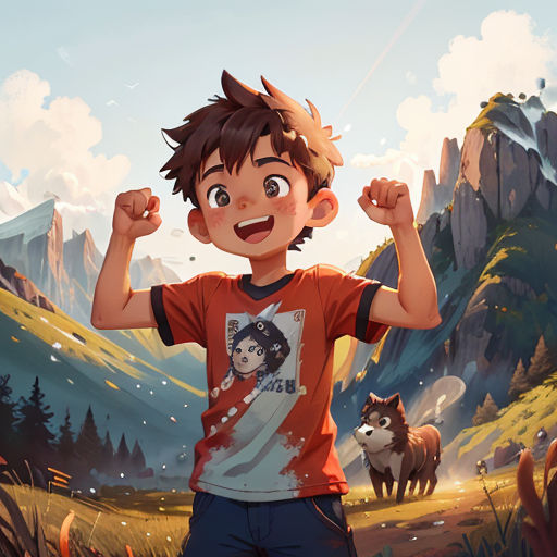 a boy is standing in a field with a wolf behind him and a mountain in the background with a sky full of clouds