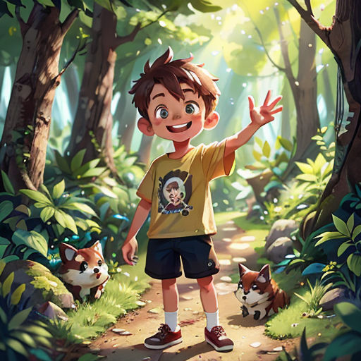 a boy standing in the middle of a forest with a dog on a leash next to him and a forest with a dog on the ground