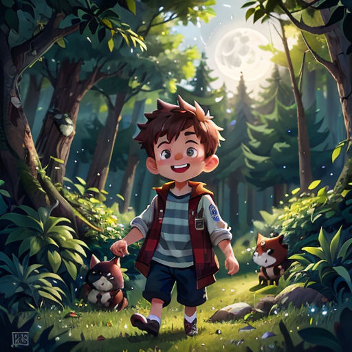 a boy walking through a forest with a dog on a leash and a cat on the ground next to him