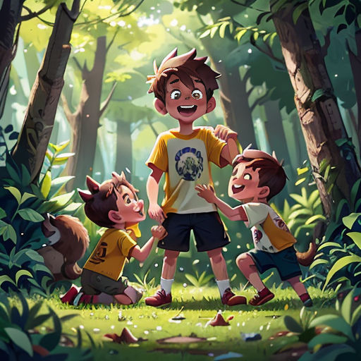 a group of children standing in the middle of a forest with a dog on the ground next to them