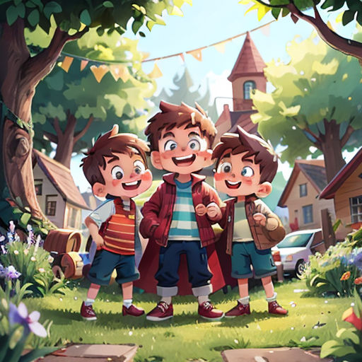 three children standing in the grass near a tree and a building with a clock tower in the background and a banner with a banner that says,