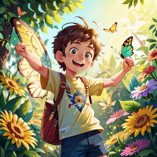 a boy with a butterfly on his shoulder in a field of flowers and sunflowers with a butterfly in his hand
