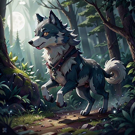 a wolf in the woods with a full moon in the background and trees and bushes around it, with a trail leading to it