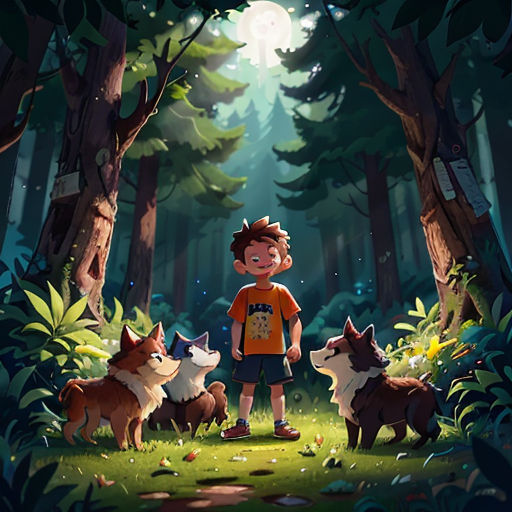 a boy standing in the middle of a forest with two dogs and a full moon in the background,