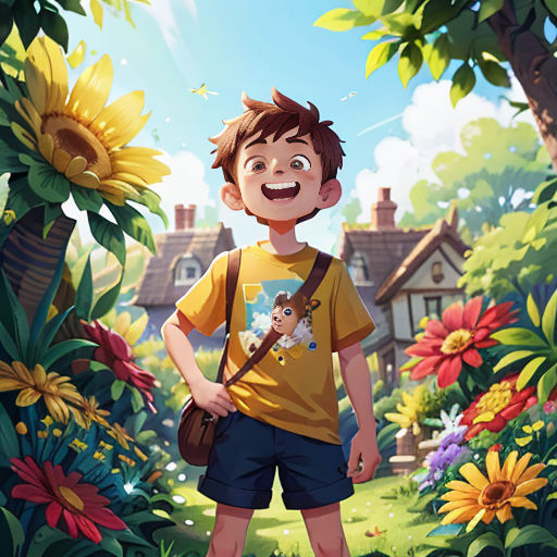 a boy standing in a garden with a camera in his hand and a sunflower in the background with a house in the background