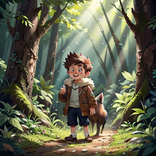 a boy walking through a forest with a dog on a leash in front of him and a light shining on him