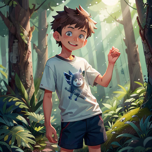 a boy standing in the woods with a wolf on his shirt and a wolf on his shirt, and a forest background
