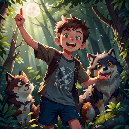 a boy standing in the woods with two dogs and a bubble in his hand, with a forest background