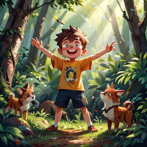 a boy standing in the middle of a forest with two foxes behind him and a bird flying above him