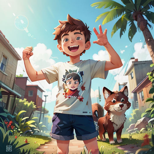 a boy standing in the grass with a dog and a house in the background with a sky background and a dog and a person in the foreground