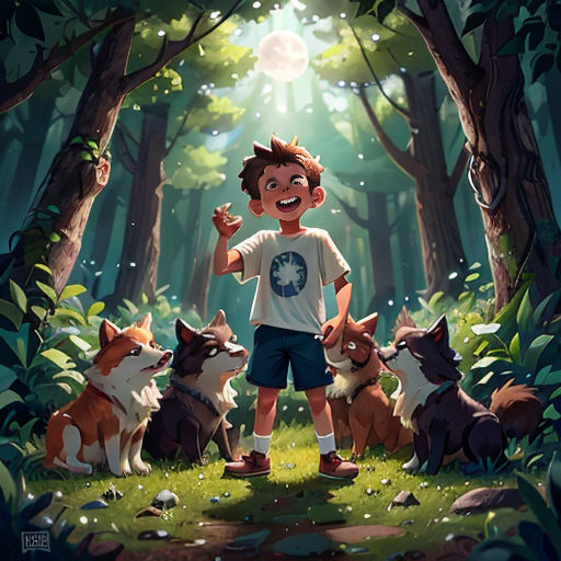 a boy standing in the middle of a forest with dogs around him and a light shining on him from behind