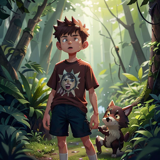 a boy standing in the middle of a forest with a dog on a leash next to him and a forest background