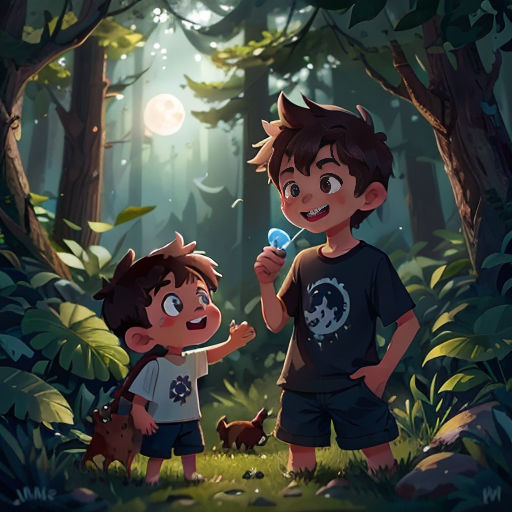 two boys in the woods with a flashlight in their hand and a dog in the foreground, one boy is holding a toy