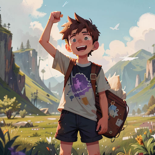 a boy with a backpack and a backpack in a field with mountains in the background and a bird flying overhead