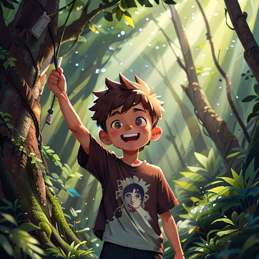 a boy in a forest holding a stick and smiling at the camera with a smile on his face and a forest background