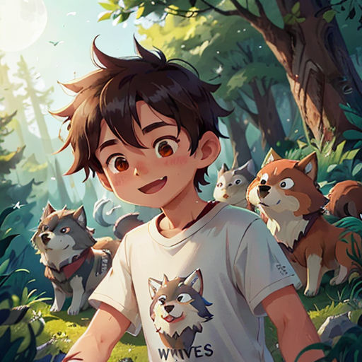 a boy in a forest with a bunch of animals behind him and a dog behind him, with a forest background