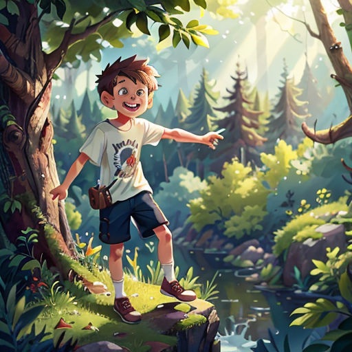 a boy standing on a rock in the woods pointing at something in the distance with a forest background and a river running through it