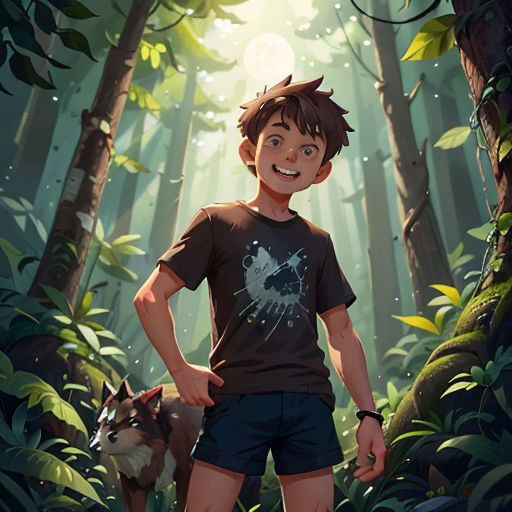 a boy standing in the middle of a forest with a wolf behind him and a forest background with trees and leaves
