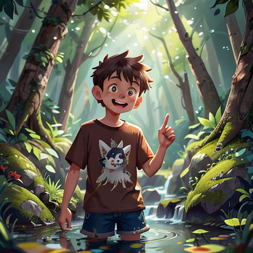 a boy standing in a forest with a cat on his shirt and pointing to the camera with a finger