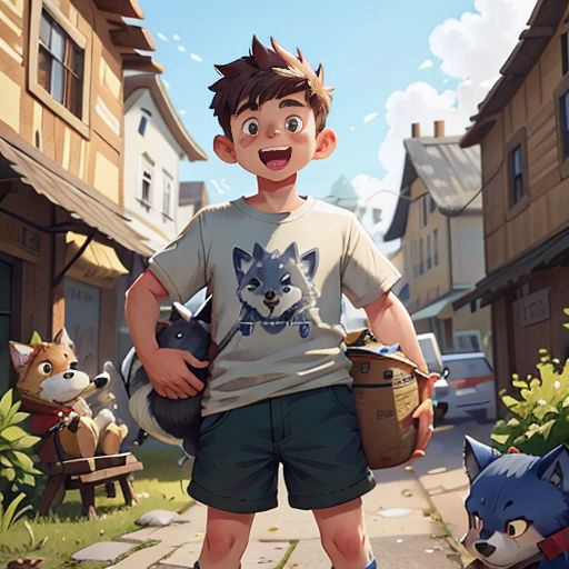 a boy standing on a sidewalk with a dog and a cat behind him and a dog behind him, and a house in the background