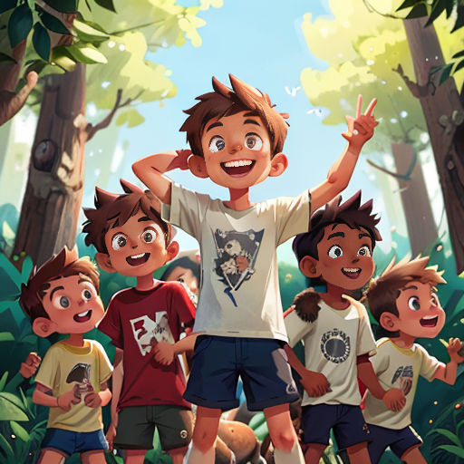 a group of young boys standing in front of a forest with trees and leaves on the ground, with one boy raising his hands up
