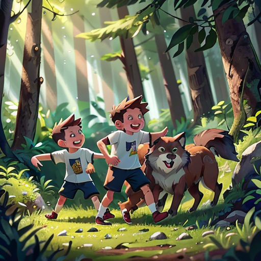 two boys are running through the woods with a dog and a bird on his shoulder and a dog on his shoulder