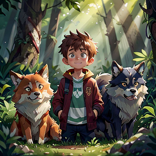 a boy standing in the woods with three foxes and a dog in front of him, with a forest background