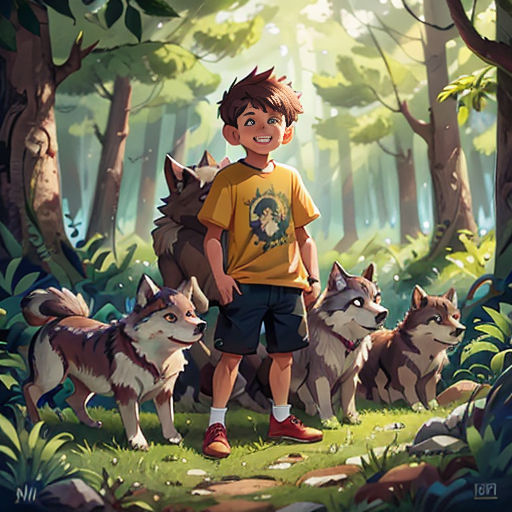 a boy standing in the middle of a forest with a bunch of dogs behind him and a forest background