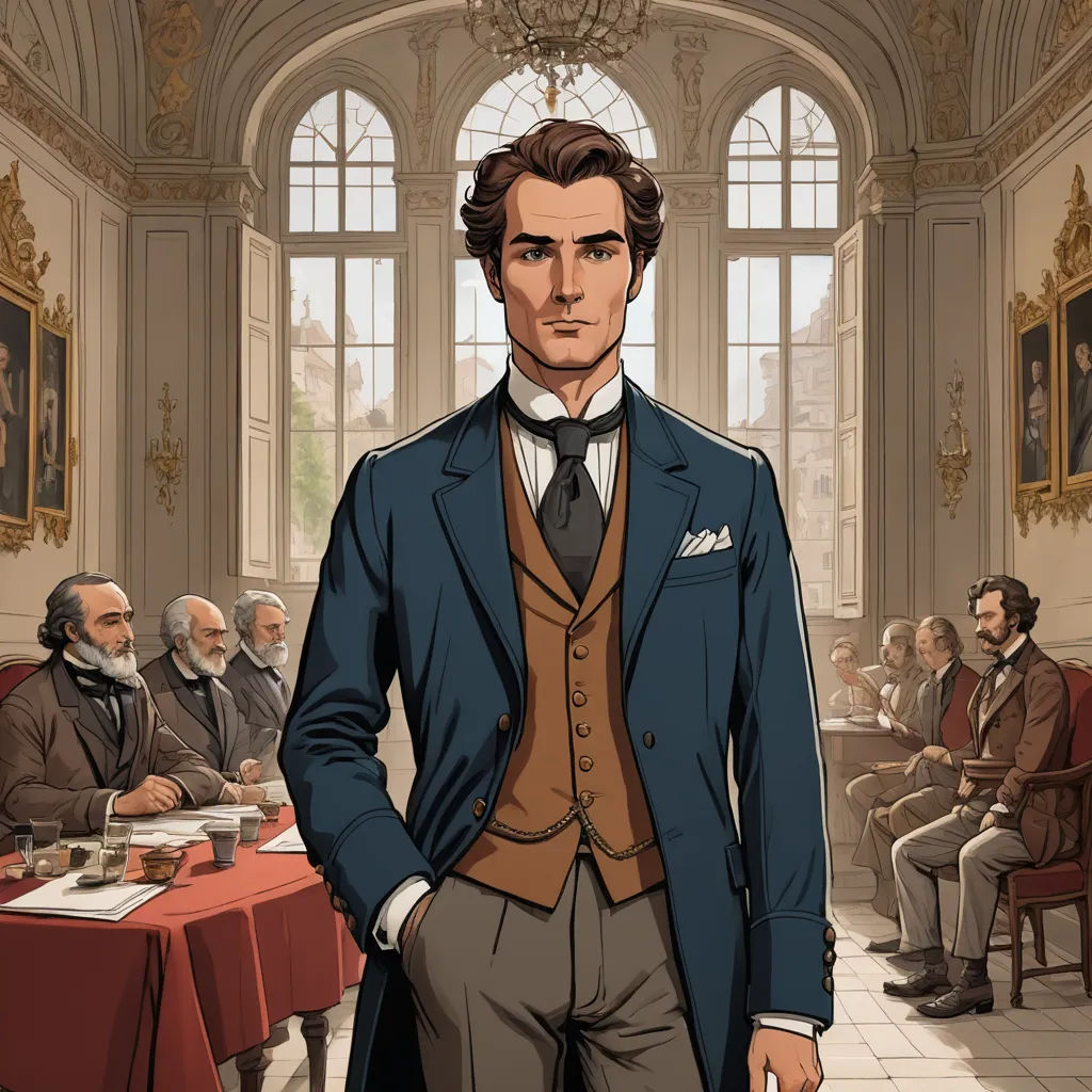 a man in a suit standing in front of a table with a group of people sitting around it and a painting of abraham lincoln, pre-raphaelitism, a character portrait, Alexander Runciman, official art