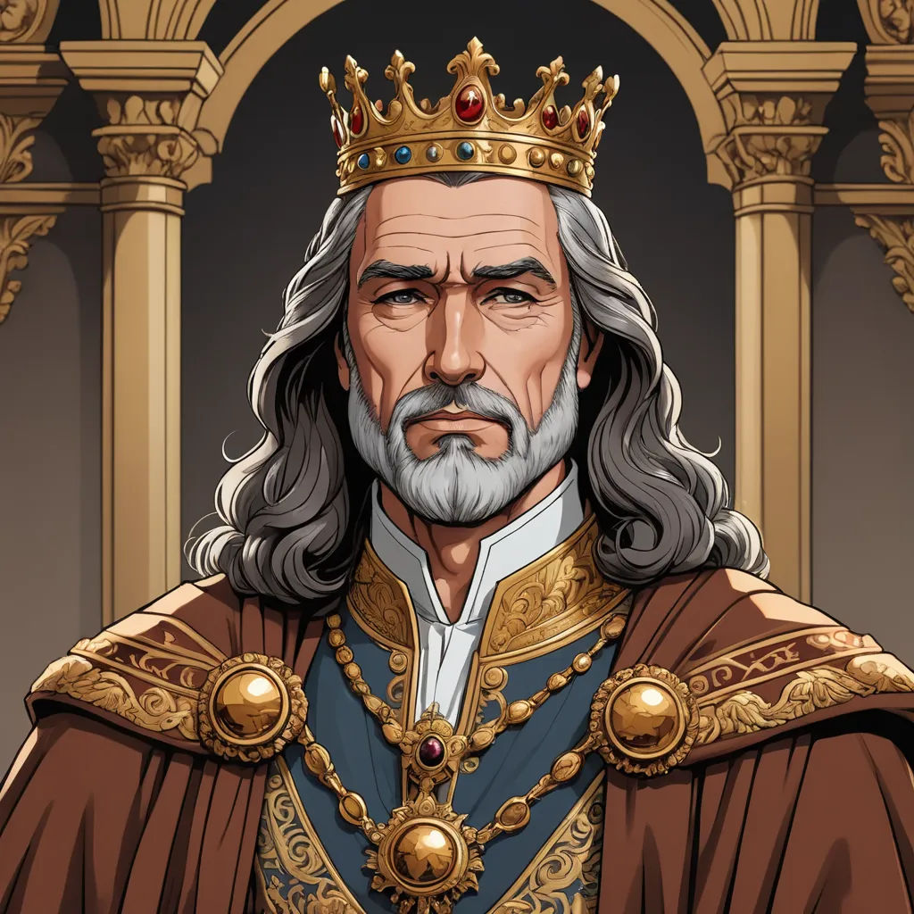 a cartoon of a man in a crown and a suit of armor with a beard and a beardlock, pre-raphaelitism, a character portrait, Charles Bird King, epic fantasy character art