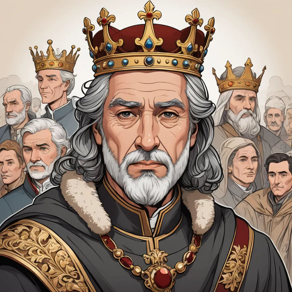 a cartoon of a man with a crown on his head and a crowd of people behind him, all wearing robes and crowns, sots art, a character portrait, Edward Otho Cresap Ord, II, game art