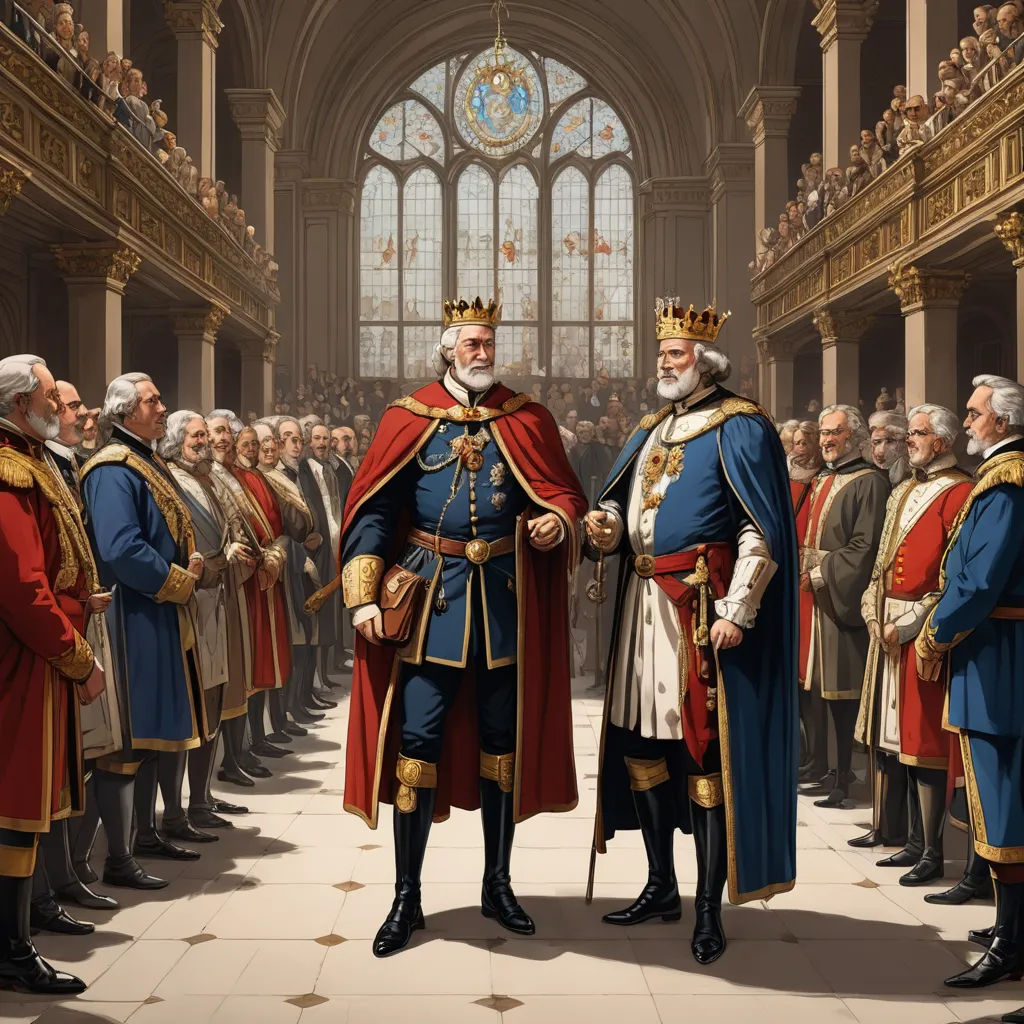 a painting of a man in a crown standing in front of a group of men in formal dress clothes, sots art, a digital rendering, Brothers Hildebrandt, highly detailed digital painting