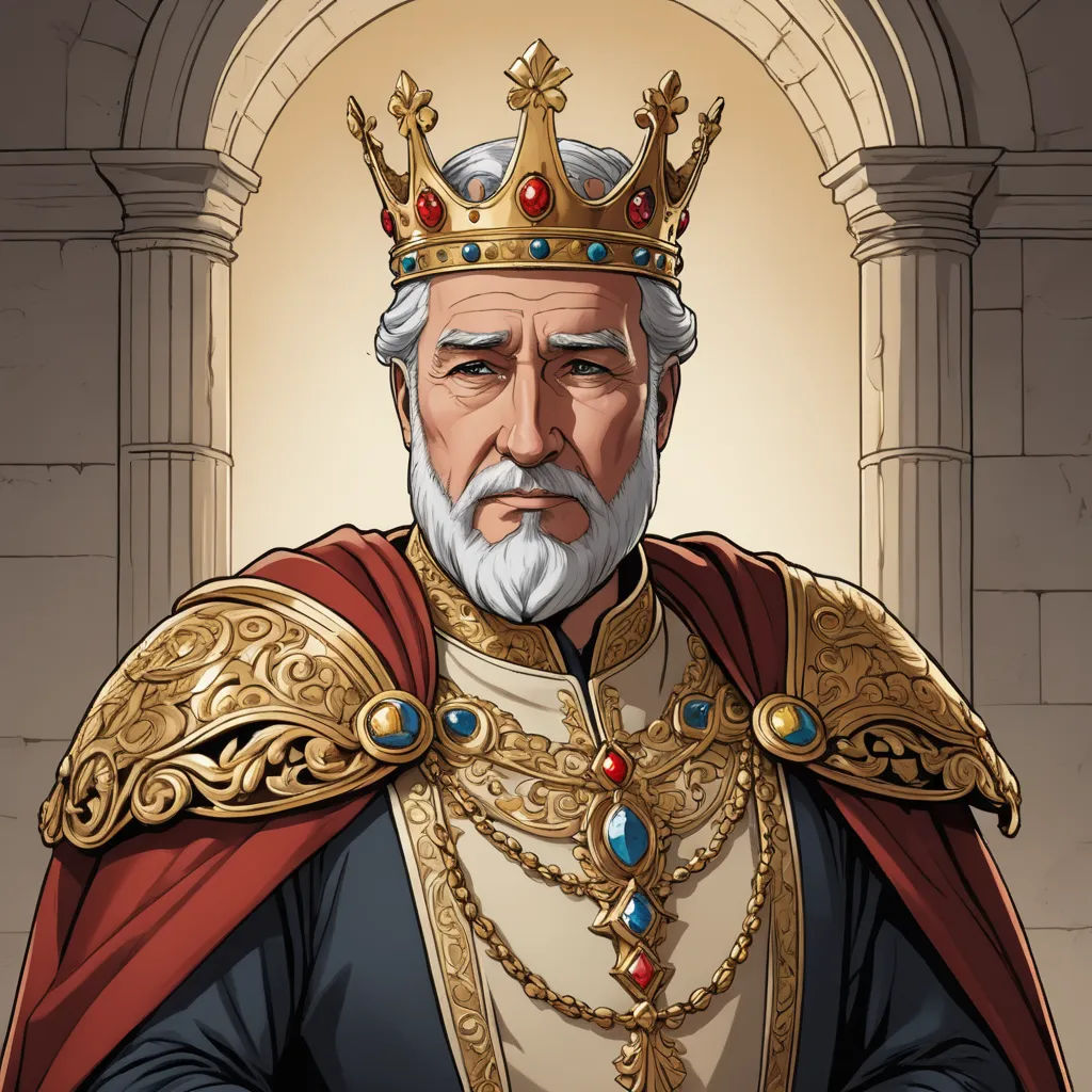 a cartoon of a man in a crown and a red cape with a gold chain around his neck and a red cape around his neck, sots art, a character portrait, Charlie Bowater, epic fantasy character art