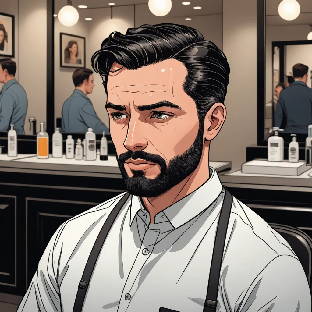 a man with a beard and apron in a barber shop with a mirror and a mirror behind him and a man with a beard, serial art, a character portrait, Chip Zdarsky, very detailed face