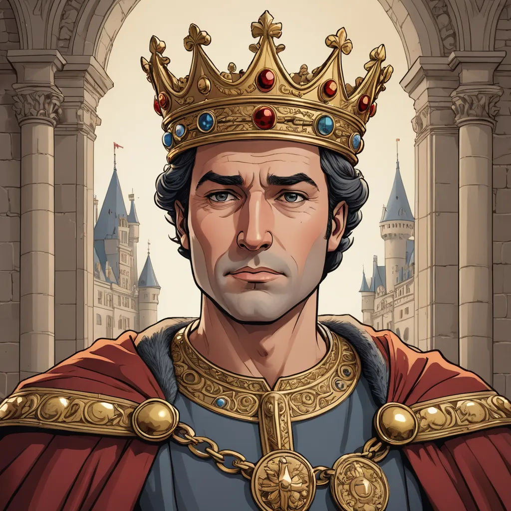 a man in a crown and a red cape is standing in front of a castle entrance with a golden crown on his head, sots art, a character portrait, Edward Otho Cresap Ord, II, 2 d game art