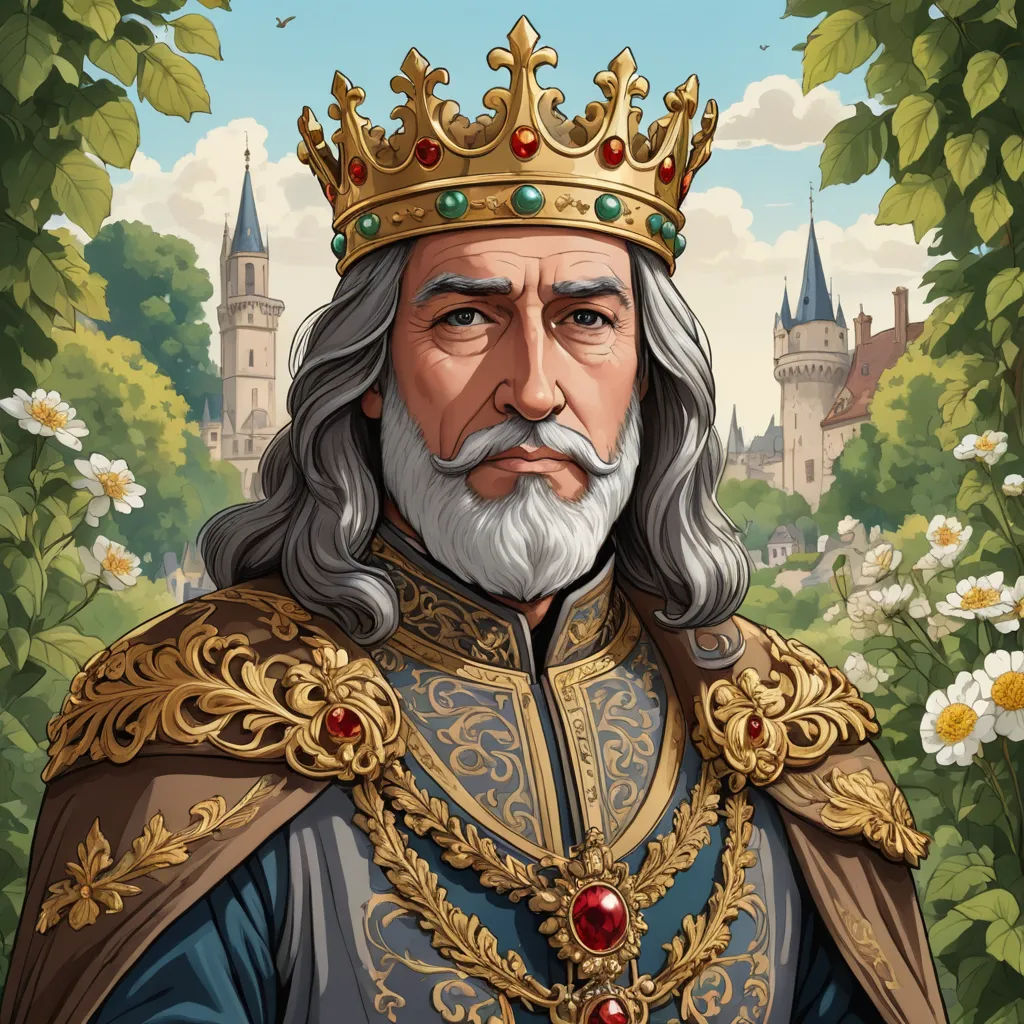 a painting of a man in a crown and a dress with a beard and a beard, standing in front of a garden, sots art, a character portrait, Charles Bird King, character portrait