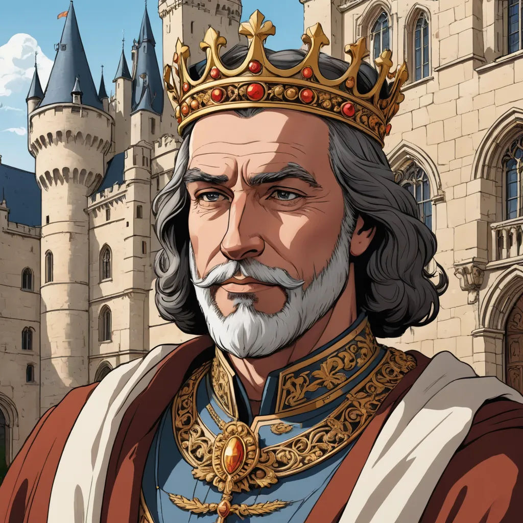 a cartoon of a man in a crown and a castle in the background with a sky background and clouds, sots art, a character portrait, Edward Otho Cresap Ord, II, game art