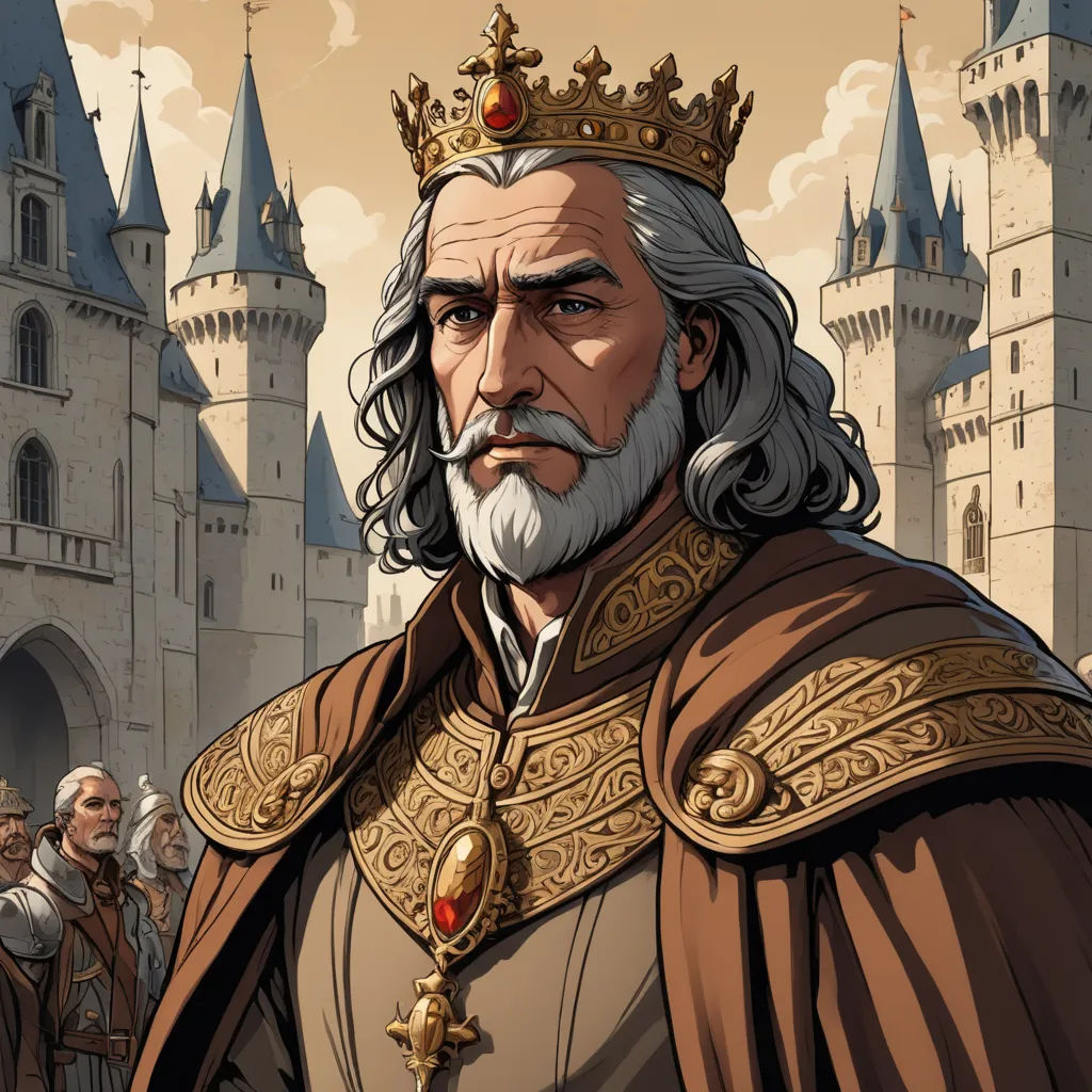 a cartoon of a man in a crown and a castle in the background with people standing around him and a man in a suit, fantasy art, a character portrait, Cedric Seaut (Keos Masons), epic fantasy character art