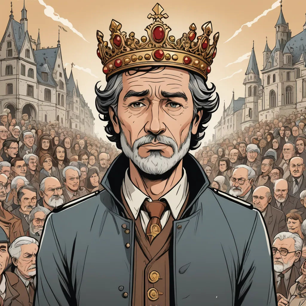 a man with a crown on his head in front of a crowd of people in a city square with a castle, serial art, a character portrait, Diego Gisbert Llorens, graphic novel