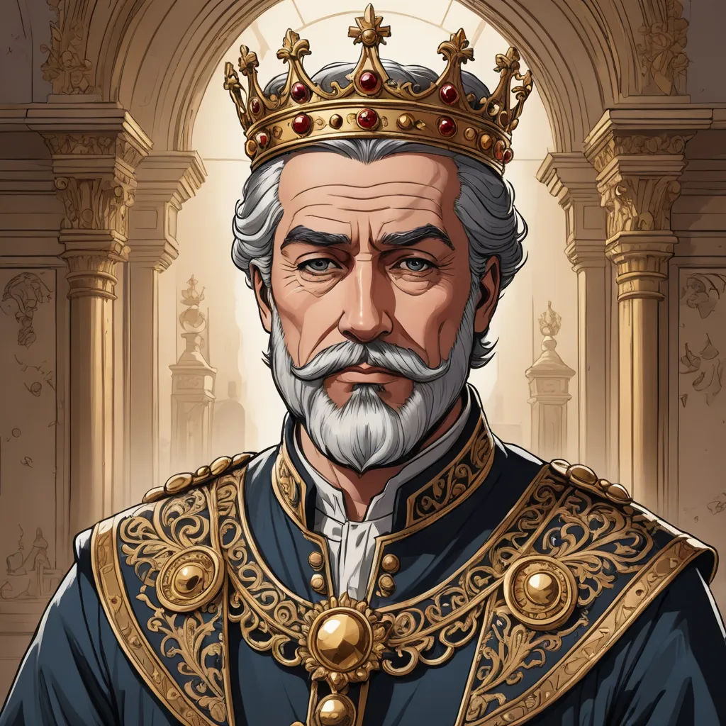 a cartoon of a man in a crown and a suit of armor with a beard and mustache, in a golden crown, sots art, a character portrait, Charles Bird King, character portrait