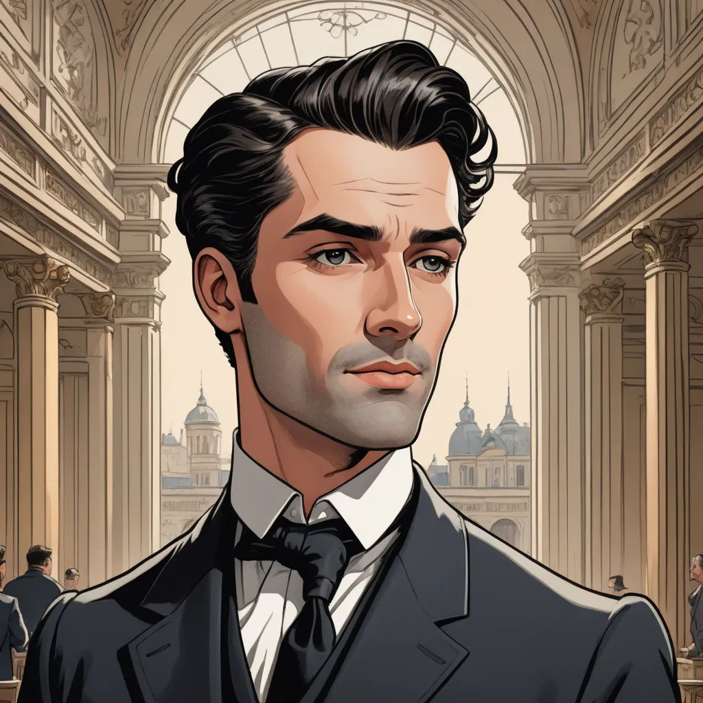 a man in a suit and tie in a building with a clock on the wall behind him and a clock on the wall, art nouveau, a character portrait, Edwin Georgi, character portrait