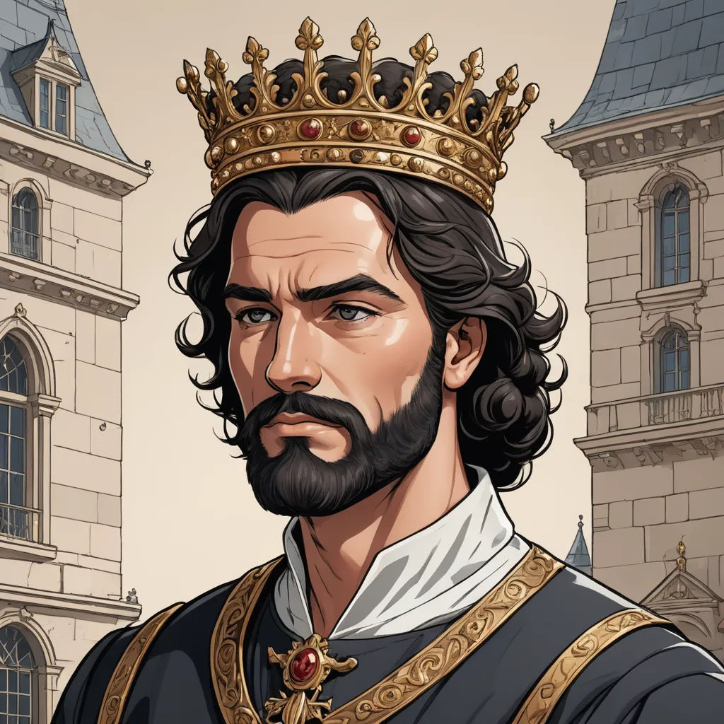 a man with a crown on his head in front of a castle building with a clock tower in the background, pre-raphaelitism, a character portrait, Cedric Seaut (Keos Masons), character portrait
