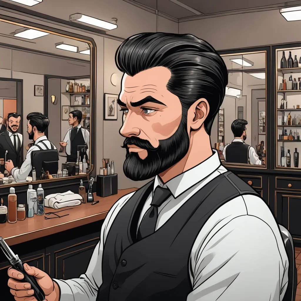 a man with a beard and a beard combing his hair in a barber shop with a mirror and a mirror, art deco, a comic book panel, Altoon Sultan, comic style
